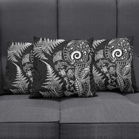 New Zealand Sea Animals Pillow Cover with Maori Koru Tribal Tattoo and Silver Ferns Black Color