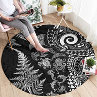 New Zealand Sea Animals Round Carpet with Maori Koru Tribal Tattoo and Silver Ferns Black Color