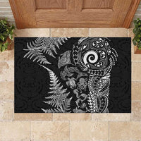New Zealand Sea Animals Rubber Doormat with Maori Koru Tribal Tattoo and Silver Ferns Black Color