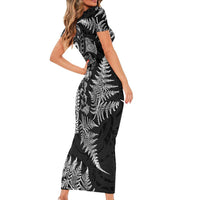 New Zealand Sea Animals Short Sleeve Bodycon Dress with Maori Koru Tribal Tattoo and Silver Ferns Black Color