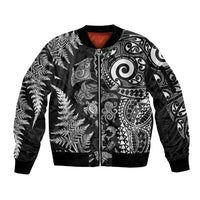 New Zealand Sea Animals Sleeve Zip Bomber Jacket with Maori Koru Tribal Tattoo and Silver Ferns Black Color