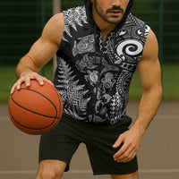 New Zealand Sea Animals Sleeveless Zip Hoodie with Maori Koru Tribal Tattoo and Silver Ferns Black Color