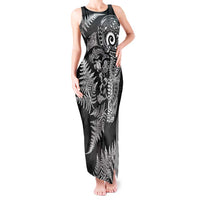 New Zealand Sea Animals Tank Maxi Dress with Maori Koru Tribal Tattoo and Silver Ferns Black Color LT03 Women Black - Polynesian Pride