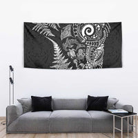 New Zealand Sea Animals Tapestry with Maori Koru Tribal Tattoo and Silver Ferns Black Color