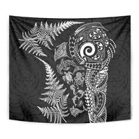 New Zealand Sea Animals Tapestry with Maori Koru Tribal Tattoo and Silver Ferns Black Color