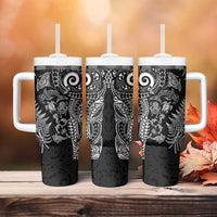 New Zealand Sea Animals Tumbler With Handle with Maori Koru Tribal Tattoo and Silver Ferns Black Color