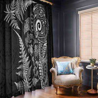 New Zealand Sea Animals Window Curtain with Maori Koru Tribal Tattoo and Silver Ferns Black Color
