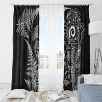 New Zealand Sea Animals Window Curtain with Maori Koru Tribal Tattoo and Silver Ferns Black Color