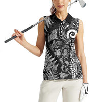 New Zealand Sea Animals Women Sleeveless Polo Shirt with Maori Koru Tribal Tattoo and Silver Ferns Black Color