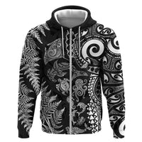 New Zealand Sea Animals Zip Hoodie with Maori Koru Tribal Tattoo and Silver Ferns Black Color