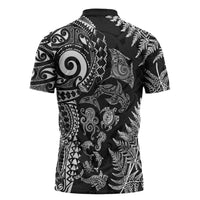 New Zealand Sea Animals Zipper Polo Shirt with Maori Koru Tribal Tattoo and Silver Ferns Black Color