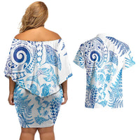 New Zealand Sea Animals Couples Matching Off Shoulder Short Dress and Hawaiian Shirt with Maori Koru Tribal Tattoo and Silver Ferns Galaxy Style