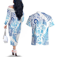 New Zealand Sea Animals Couples Matching Off The Shoulder Long Sleeve Dress and Hawaiian Shirt with Maori Koru Tribal Tattoo and Silver Ferns Galaxy Style LT03 - Polynesian Pride