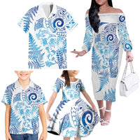 New Zealand Sea Animals Family Matching Off The Shoulder Long Sleeve Dress and Hawaiian Shirt with Maori Koru Tribal Tattoo and Silver Ferns Galaxy Style