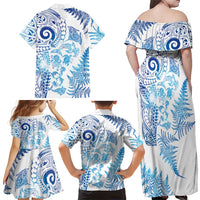 New Zealand Sea Animals Family Matching Off Shoulder Maxi Dress and Hawaiian Shirt with Maori Koru Tribal Tattoo and Silver Ferns Galaxy Style