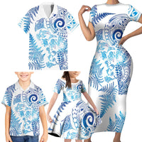 New Zealand Sea Animals Family Matching Short Sleeve Bodycon Dress and Hawaiian Shirt with Maori Koru Tribal Tattoo and Silver Ferns Galaxy Style