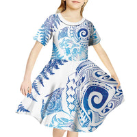 New Zealand Sea Animals Kid Short Sleeve Dress with Maori Koru Tribal Tattoo and Silver Ferns Galaxy Style