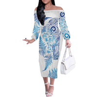 New Zealand Sea Animals Off The Shoulder Long Sleeve Dress with Maori Koru Tribal Tattoo and Silver Ferns Galaxy Style LT03 Women Multicolor - Polynesian Pride