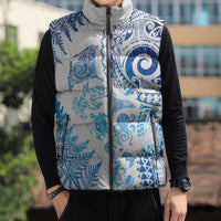 New Zealand Sea Animals Sleeveless Puffer Jacket with Maori Koru Tribal Tattoo and Silver Ferns Galaxy Style