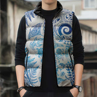 New Zealand Sea Animals Sleeveless Puffer Jacket with Maori Koru Tribal Tattoo and Silver Ferns Galaxy Style