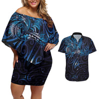 New Zealand New Year-Matariki Couples Matching Off Shoulder Short Dress and Hawaiian Shirt Aotearoa Maori Tattoo Galaxy Sky