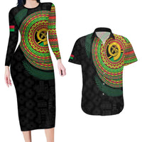 Vanuatu Tribal Tattoo with Namele Leaves Couples Matching Long Sleeve Bodycon Dress and Hawaiian Shirt