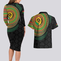 Vanuatu Tribal Tattoo with Namele Leaves Couples Matching Long Sleeve Bodycon Dress and Hawaiian Shirt