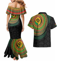 Vanuatu Tribal Tattoo with Namele Leaves Couples Matching Mermaid Dress and Hawaiian Shirt