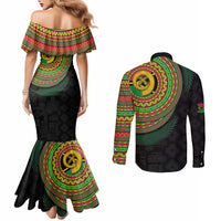 Vanuatu Tribal Tattoo with Namele Leaves Couples Matching Mermaid Dress and Long Sleeve Button Shirt