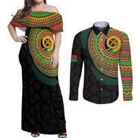Vanuatu Tribal Tattoo with Namele Leaves Couples Matching Off Shoulder Maxi Dress and Long Sleeve Button Shirt