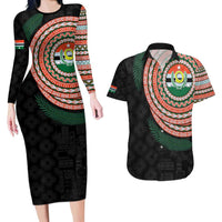 Penama Tribal Tattoo with Namele Leaves Couples Matching Long Sleeve Bodycon Dress and Hawaiian Shirt