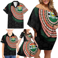Penama Tribal Tattoo with Namele Leaves Family Matching Off Shoulder Short Dress and Hawaiian Shirt