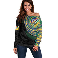 Torba Tribal Tattoo with Namele Leaves Off Shoulder Sweater