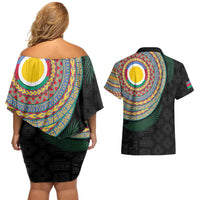 Shefa Tribal Tattoo with Namele Leaves Couples Matching Off Shoulder Short Dress and Hawaiian Shirt