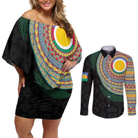 Shefa Tribal Tattoo with Namele Leaves Couples Matching Off Shoulder Short Dress and Long Sleeve Button Shirt LT03 Black - Polynesian Pride