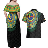 Tafea Tribal Tattoo with Namele Leaves Couples Matching Off Shoulder Maxi Dress and Hawaiian Shirt