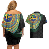 Tafea Tribal Tattoo with Namele Leaves Couples Matching Off Shoulder Short Dress and Hawaiian Shirt