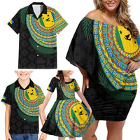 Malampa Tribal Tattoo with Namele Leaves Family Matching Off Shoulder Short Dress and Hawaiian Shirt