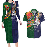 Manuʻa Islands and American Samoa Together Couples Matching Long Sleeve Bodycon Dress and Hawaiian Shirt Rooster and Eagle Mascot National Map and Flag Style
