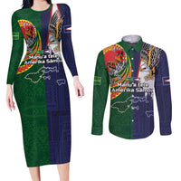Manuʻa Islands and American Samoa Together Couples Matching Long Sleeve Bodycon Dress and Long Sleeve Button Shirt Rooster and Eagle Mascot National Map and Flag Style