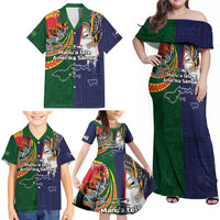 Manuʻa Islands and American Samoa Together Family Matching Off Shoulder Maxi Dress and Hawaiian Shirt Rooster and Eagle Mascot National Map and Flag Style