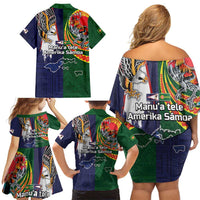 Manuʻa Islands and American Samoa Together Family Matching Off Shoulder Short Dress and Hawaiian Shirt Rooster and Eagle Mascot National Map and Flag Style