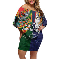 Manuʻa Islands and American Samoa Together Off Shoulder Short Dress Rooster and Eagle Mascot National Map and Flag Style