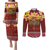 Aloha Plumeria Flowers Couples Matching Puletasi and Long Sleeve Button Shirt With Hawaiian Style Tapa Tribal