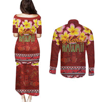 Aloha Plumeria Flowers Couples Matching Puletasi and Long Sleeve Button Shirt With Hawaiian Style Tapa Tribal
