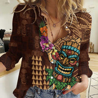Hawaiian Tiki Mask Surfing Kakau Pattern Women Casual Shirt