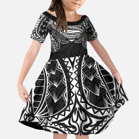 Super Samoan Traditional Tribal Art Tattoos Family Matching Short Sleeve Bodycon Dress and Hawaiian Shirt Black Color - Polynesian Pride