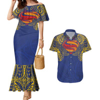 Super Samoan Traditional Tribal Art Tattoos Couples Matching Mermaid Dress and Hawaiian Shirt Blue Color LT03 Blue - Polynesian Pride