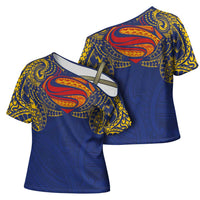 Super Samoan Traditional Tribal Art Tattoos Cross Shoulder Shirt Blue Color LT03 - Polynesian Pride