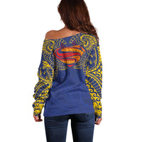 Super Samoan Traditional Tribal Art Tattoos Off Shoulder Sweater Blue Color - Polynesian Pride